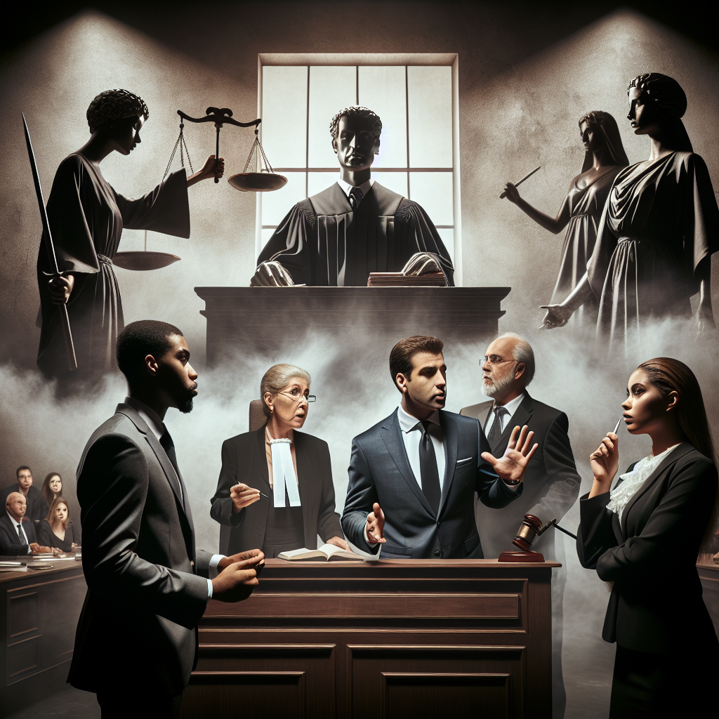 A picture of dramatically lit courtroom with a judge, two lawyers, and a defendant positioned against the backdrop of a large judicial scale. The courtroom is shown in a neutral grey tone. The lawyers, one black woman and one Hispanic man, are shown in full lawyer attire passionately arguing their cases. The judge, a Middle-Eastern man, is attentively listening with a stern expression on his face. The whole scene depicts intensity, tension and anticipation, indicative of a high-stakes high-profile trial scenario. Glimpses of intrigued spectators in the background further contribute to the tense atmosphere.