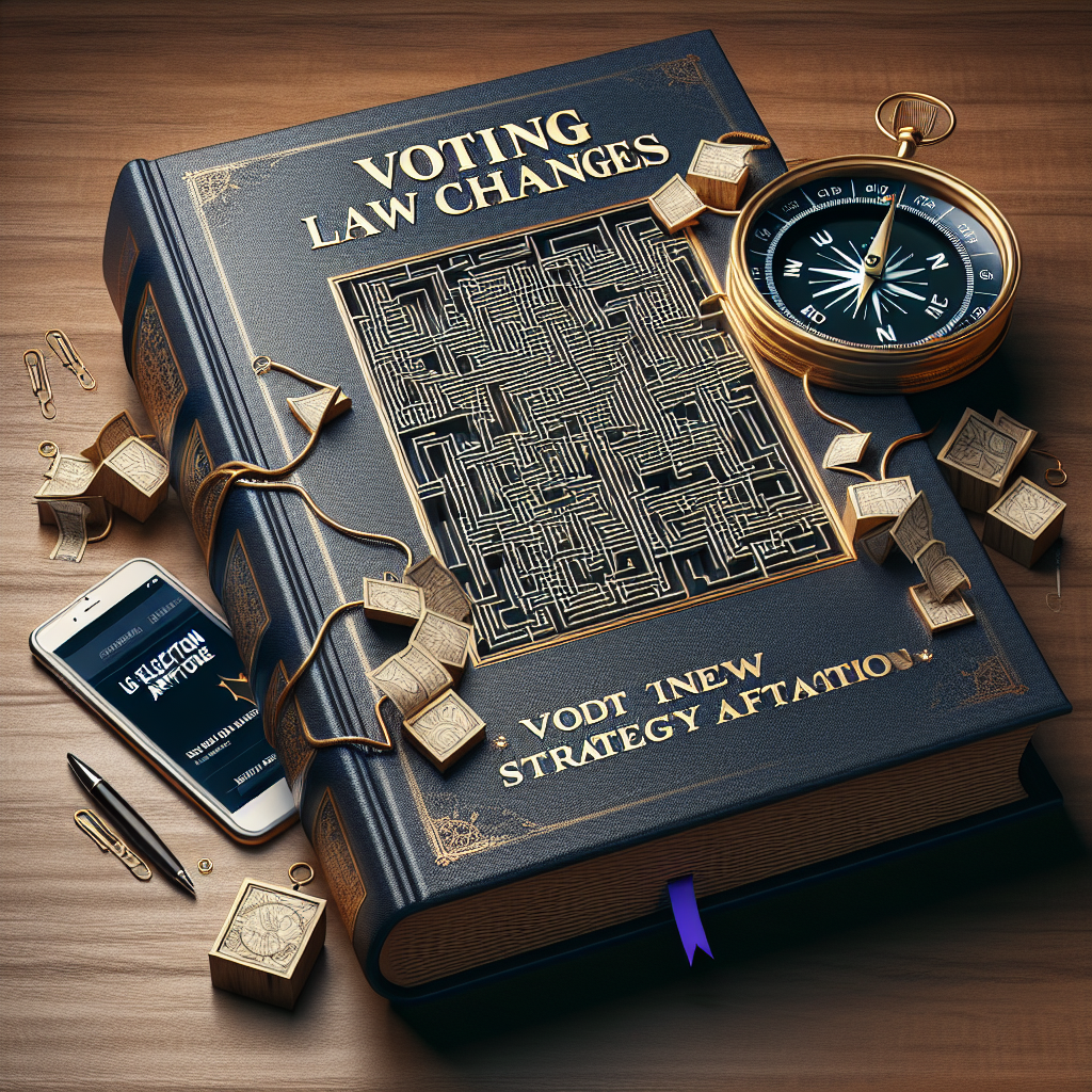 Imagine a large law book with the words 'Voting Law Changes' written in gold lettering on the cover. The book lies open, revealing intricate line diagrams representing various strategy paths, looking like a complex maze. The paths are intertwined and sometimes convoluted, symbolizing the intricacies of navigating new legislation. Sitting next to the book is a navigational compass pointing to the phrase 'US Election Aftermath'. Lastly, see a mix of handheld devices likes smartphones and tablets displaying different news articles about US elections, reinforcing the narrative of staying informed about the situation.