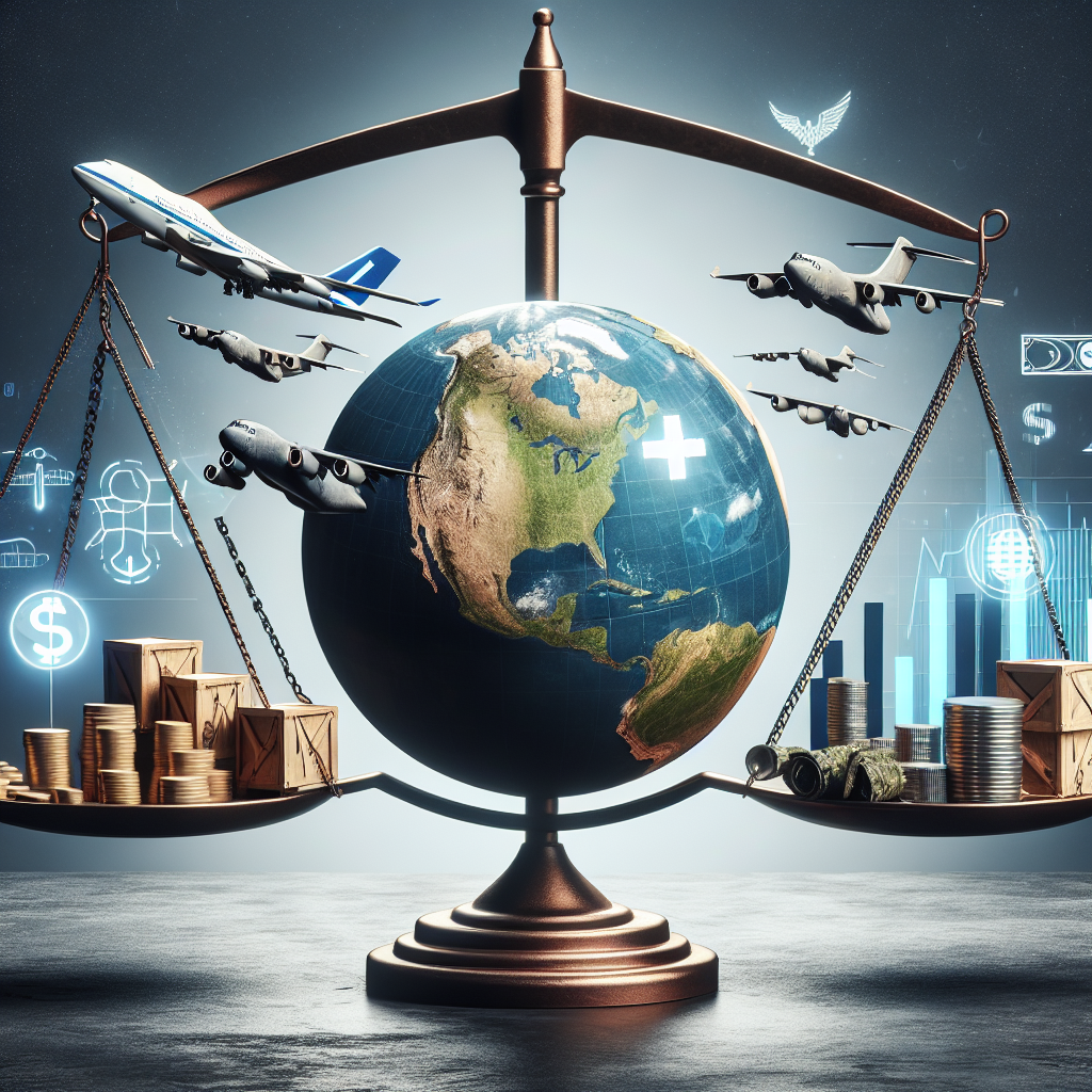 An abstract representation of global security being impacted by US military aid decisions. The scene should include a large globe prominently positioned in the center, with symbols representing military aid such as crates marked with a plus symbol, aircrafts carrying supplies, finance graphs, and diplomatic handshakes around it. These symbols should be oriented towards different regions of the globe, representing a worldwide impact. Prominently displayed around or above the globe should be a balance scale, symbolizing the delicate nature of these decisions.