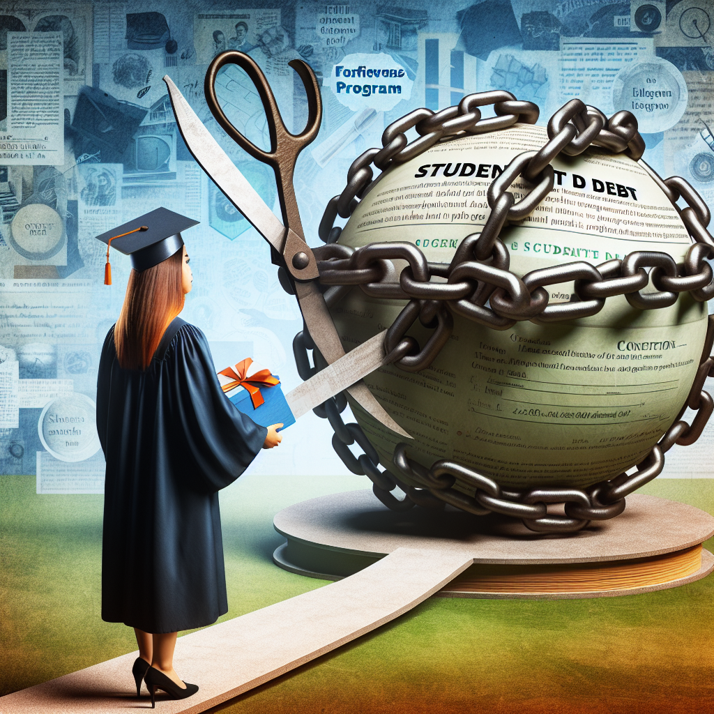 A symbolic representation of the concept of student loan repayment with a close second layer focusing on loan forgiveness programs. Imagine a young South Asian female student in a graduation gown holding a giant, heavy ball of chains labeled 'student debt'. She's standing on a path that leads to a symbolic 'forgiveness program' represented by a pair of giant metal cutting shears breaking the chain. The shears consist of a document with terms and conditions of a new policy. The background is a collage of different elements that hint at an academic environment.