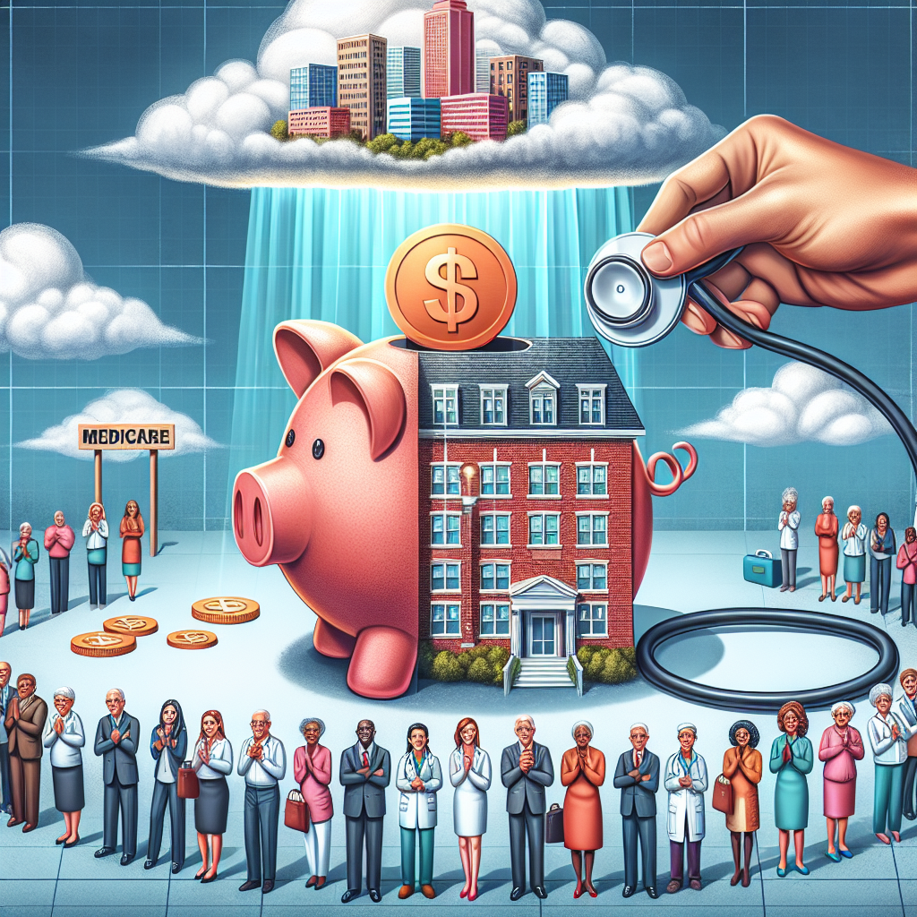 A concept illustration showing the transition of healthcare services. Picture a traditional brick and mortar hospital transforming into a large symbolic piggy bank, representing affordability. Include a stethoscope examining the piggy bank to signify careful analysis of costs. Above them should be a cloud with 'Medicare' written on it, radiating beams of light to indicate positive changes. Include people of diverse descents such as Caucasian, Hispanic, Black, and South Asian, both gender, male and female, expressing relief and satisfaction. Note that everyone should be portrayed in a respectful and realistic manner.