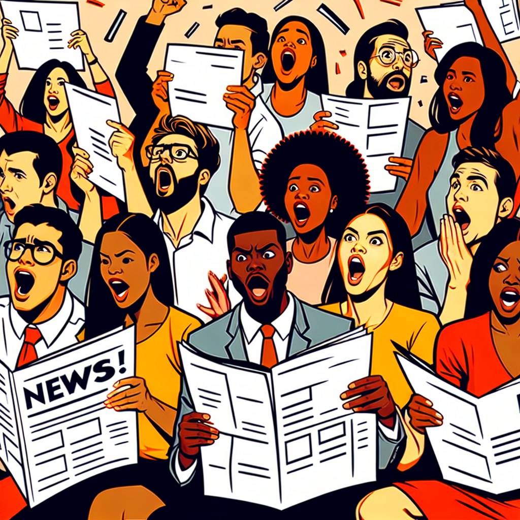 Illustrate a generic group of people celebrating and reacting to big news. Capture their emotions—an equal mix of men and women from different descents, such as Black, White, Hispanic, South Asian and Middle-Eastern, are engaged in reading newspapers and magazines, looking shocked, thrilled, and intrigued by the headlines. The primary color scheme should be warm, symbolizing the excitement of the news. No real celebrities or specific people should be shown in the image.
