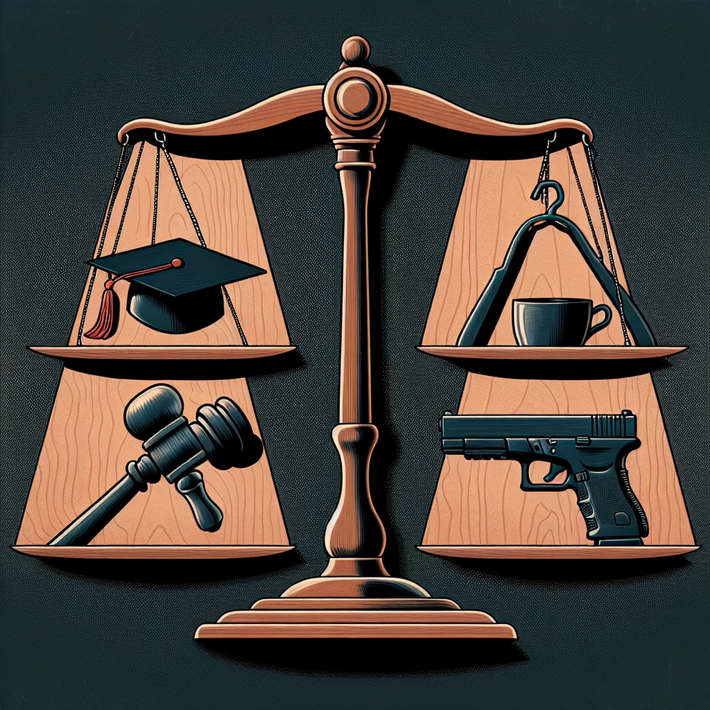 A symbolic representation of different elements that relate to Supreme Court rulings. The illustration should offer one portion, graced by a gavel, suggesting the power of justice. Another part, depict a graduation cap symbolizing student loans. The third part can portray a firearm, hinting at gun control rulings. And the fourth part, a hanger to imply the conversation about abortion. A large set of scales can overlay the four quadrants subtly, moderating the inherent tension in the composition while suggesting the balance vested in the judicial process.