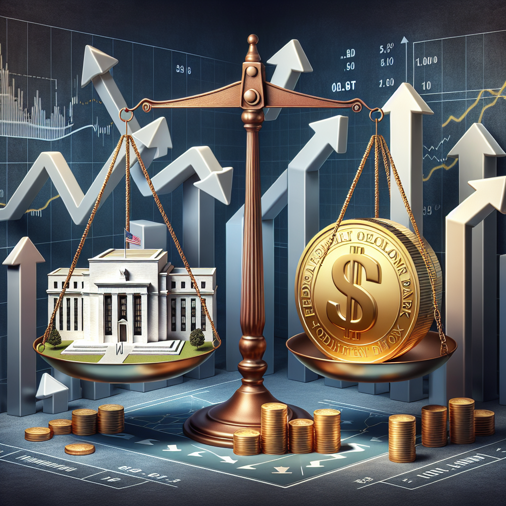 Illustration of a dynamic economic environment featuring symbolic elements. Depict a large-scale balance scale in the center, with one side holding a 3D model of a Federal Reserve Bank building and the other side holding a giant gold coin with the word 'Inflation'. On the background, show several upward and downward arrows indicating different interest rate decisions. Complete the scene with a graph on the side, illustrating inflation trends over time. The style should be realistic and rich in detail, emphasizing the importance and weight of these economic themes.