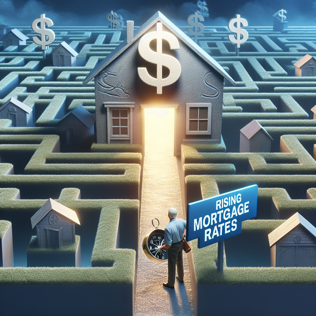 Conceptualize a scene of a complicated maze marked with dollar sign, representing the US housing market. The entrance of the maze has a signboard reading 'Rising Mortgage Rates'. There's an anxious looking person of Caucasian descent at the entrance, holding a navigational compass and map, symbolizing the strategies. Make the ambiance look somewhat tense but also hopeful. Add a far-off pathway showing a safe exit from the maze, illuminated by a dawn light representing a positive outcome after careful navigation.