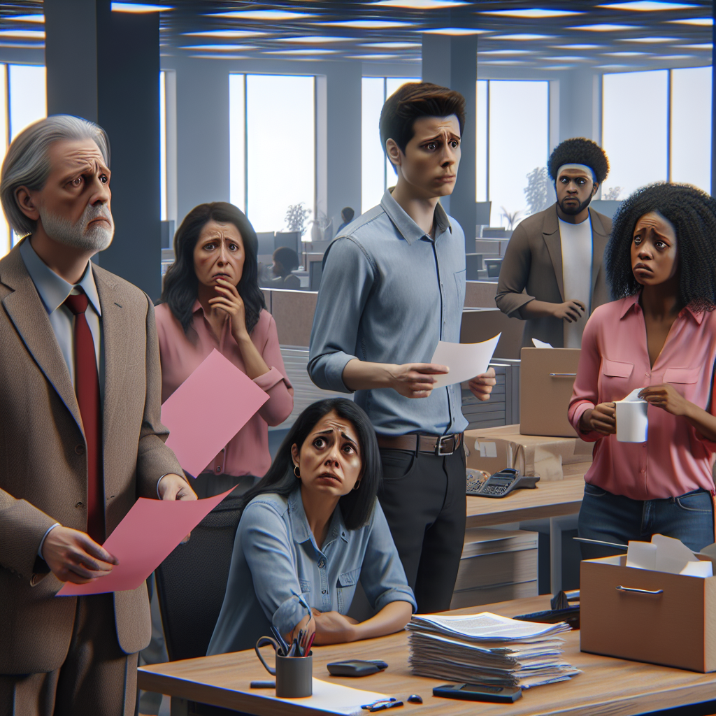 Visualize the following scene for an article associated with a shocking news update about mass layoffs in US tech companies. The setting is an office environment with a diverse group of employees packing their belongings: a middle-aged Caucasian man looking confused, a Hispanic woman in her thirties trying to comfort an upset colleague, a young South Asian man with a resigned expression, and a mature Black woman holding a pink slip. In the background, the office is mostly empty with remaining belongings on desks. There is a logo of a fictitious technology company in the background, suggesting the context.