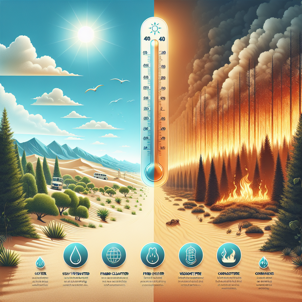 An image displaying harsh environmental conditions. The sky is glaringly bright with extreme sunlight. On one side, represent an arid desert landscape portraying the severity of a heatwave, with the thermometer reading staggeringly high temperatures. Transition that into a dense forest landscape with towering trees on the other side, which are lamentably caught in a wildfire spreading rapidly. Include small infographics in the form of floating bubbles that offer survival tips like staying hydrated, finding shelter, wearing protective clothing, and creating a safety zone against wildfires. Make sure to use a realistic style in illustrating this scenario.