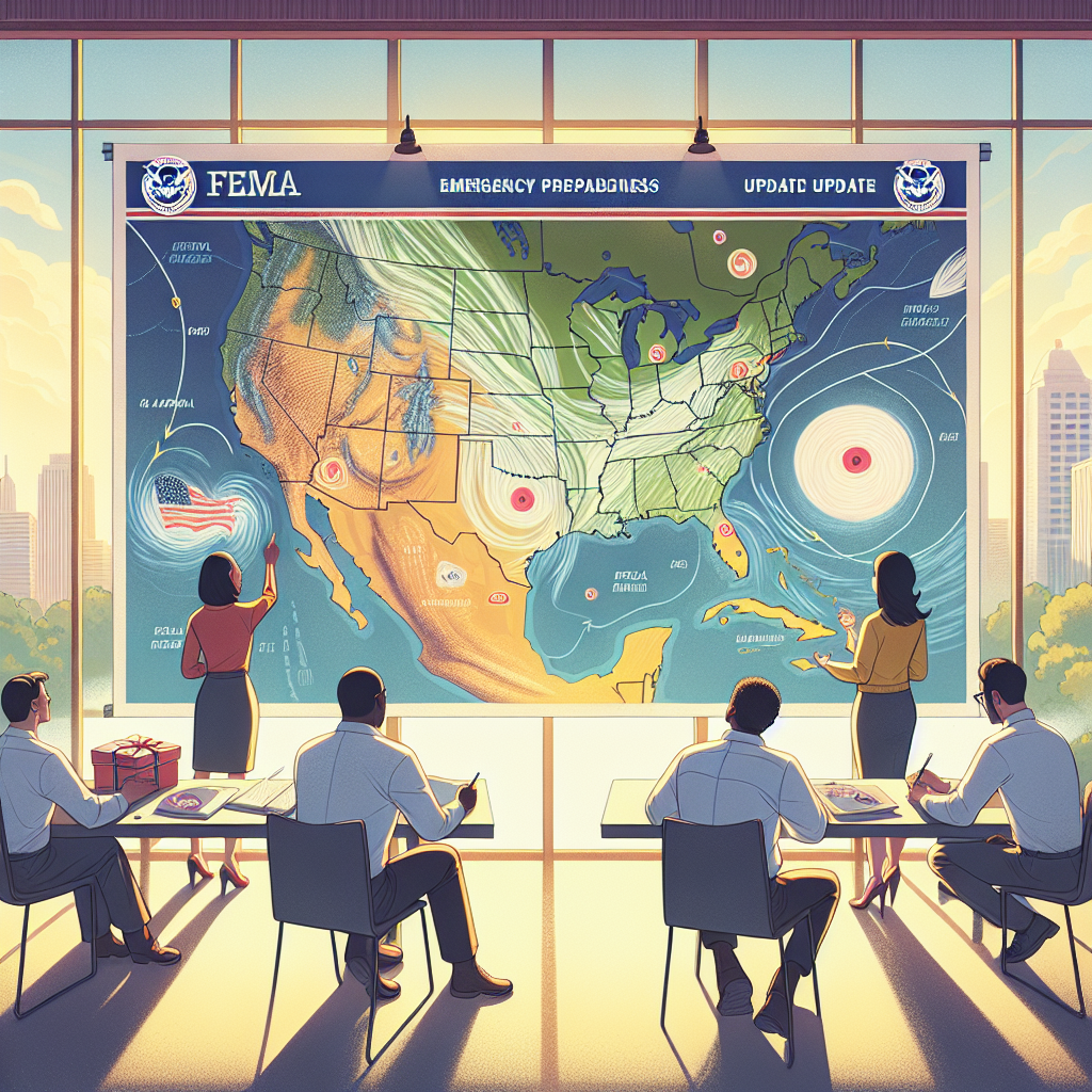 An illustration depicting the scene of a FEMA emergency preparedness update meeting. At the center of the image, there is a large, detailed map of the United States marked with different weather patterns and potential hurricane paths. Near the map, a racially diverse group of professionals is collaboratively discussing strategies for ensuring hurricane season readiness. There’s a South Asian female meteorologist pointing to the map, a black male disaster management expert jotting down notes, and a Middle-Eastern male worker managing emergency kits. Soft, natural light filters through windows at the back, casting an attentive and proactive atmosphere.