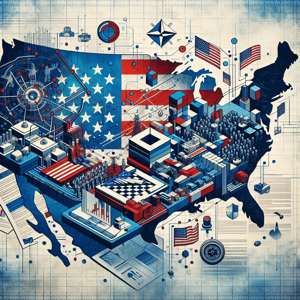Depict an abstract concept of border security incorporating elements of strategy. Visualize a large map of the United States, strewn with various strategic symbols, like a chessboard or a compass. Also, include legal documents and policy papers scattered throughout. The color scheme should consist of blues, reds, and whites, mimicking the colors of the American flag. In the background, faint images of security personnel and border patrol vehicles contribute to the overall theme. Design the image to evoke a sense of security, thoroughness, and intricate strategic planning.