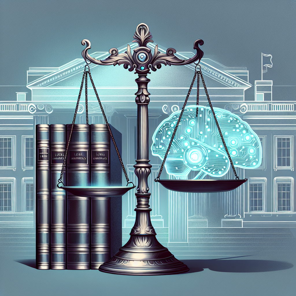 An abstract representation of the intersection of technology and law, featuring a pair of ornate scales, commonly used to represent justice, delicately balanced. One scale is filled with legal tomes, and the other with a futuristic, glowing AI brain. Behind them, a vague silhouette of a stately building, referencing the White House, but not explicitly identifiable as any specific building. The color palette is muted, consisting of shades of blue and silver, and the style is modern and clean.