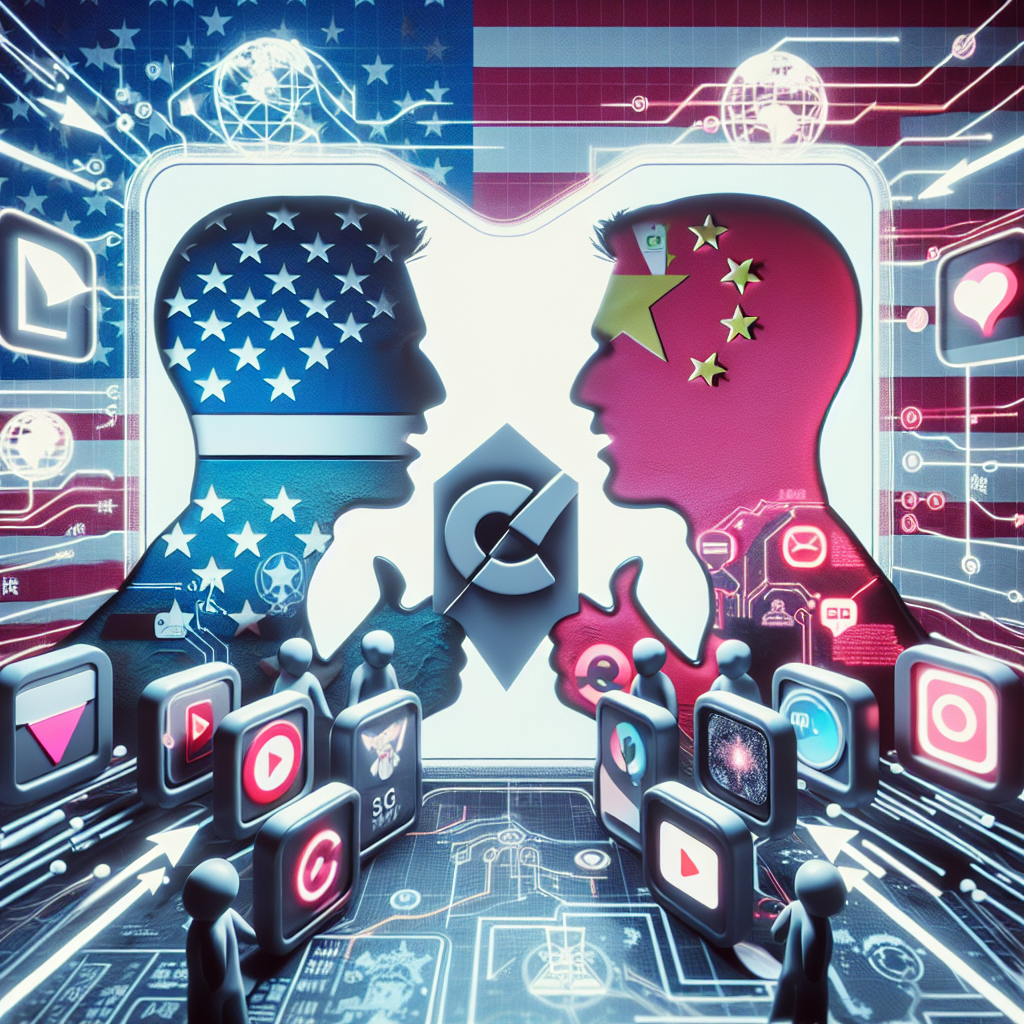A visual representation of a debate about social media policies. In the foreground, an abstract representation of the US as a person with a Caucasian descent and the silhouette of China as a person with an East Asian descent, both having a heated discussion. In the background, symbols of technology such as mobile apps icons, digital maps, network connections are depicted. The center focus is a large grey icon of a video app, surrounded by a red 'NO' symbol indicating a ban. An atmosphere of competition and disagreement permeates this image. Remember: no real people or specific app logos, just abstract representations.