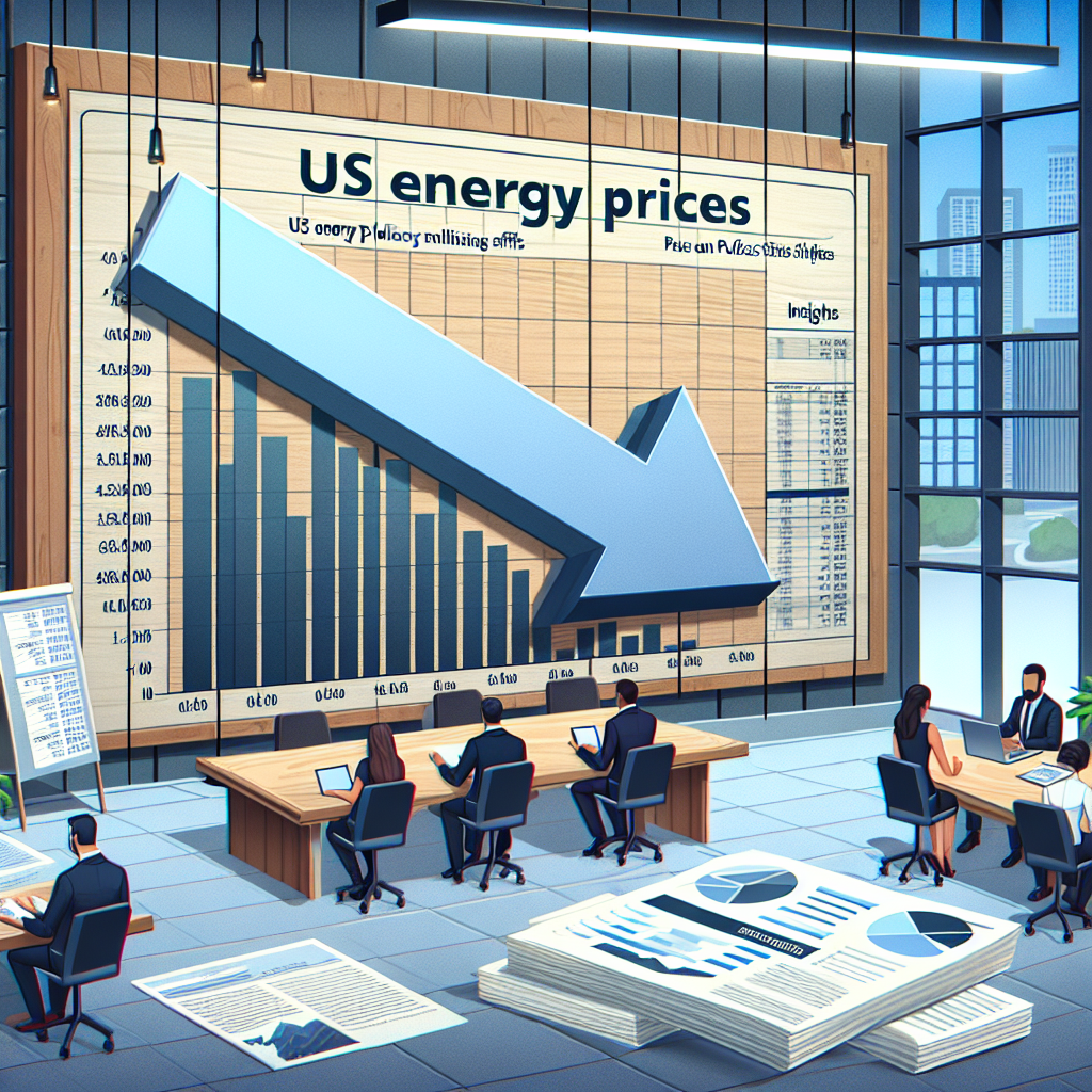 Illustrate an image showing a large downward arrow on a wooden wall chart, symbolizing the plummeting gas prices. On the side, show a stack of documents filled with data and analysis, highlighting the insights on US energy policy shifts. Include multiple people of different genders and descents in business attire, implying a variety of economists and policymakers, eagerly discussing and studying the implications of these changes in a well-lit, minimalist office setting.