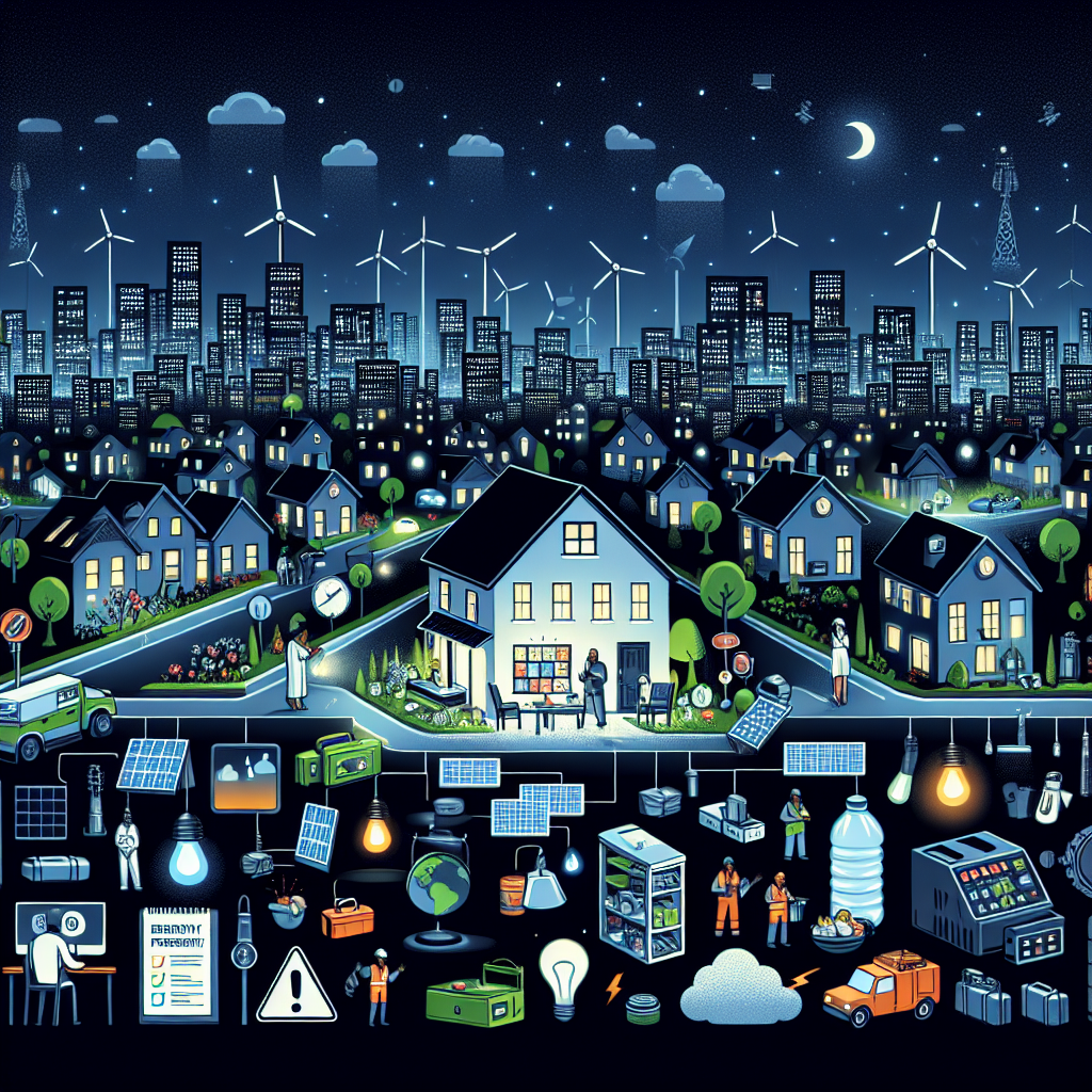 Visualize a densely populated urban landscape at night where all the lights have gone out, symbolizing a nationwide blackout. In contrast, there should be one well-lit house due to smart energy consumption and backup power. Also, include different elements symbolizing prevention tips for power grid failure such as solar panels, wind turbines, and a small emergency generator. Further, depict basic emergency preparedness items like flashlights, battery-powered radios, and a stockpile of water and non-perishable food. Finally, have an African-American male engineer assessing the situation and a Caucasian female resident reading an 'Emergency Preparedness' handbook.