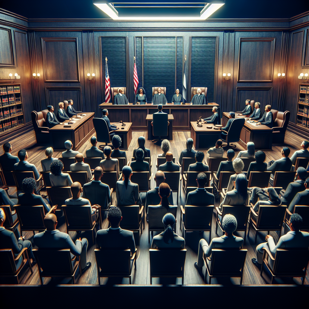 Visualize a scene that captures the tension and suspense of a high-profile courtroom drama without featuring specific people. An array of people with different descent and gender, such as an East Asian male judge, a Black female prosecutor, a Middle-Eastern male defense attorney and a jury composed of diverse descent and gender, eagerly awaiting the verdict. The cold, stern aura of the courtroom with its imposing wooden furniture and bright lights. Symbolize the 'must-see' element with a few individuals on the sidelines, symbolising the public, engrossed in the unfolding drama.