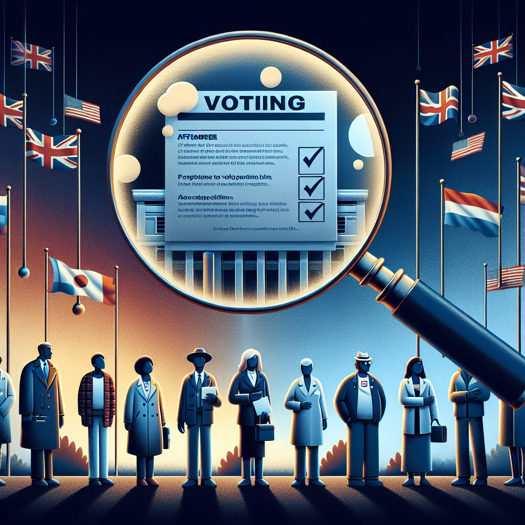 An atmospheric scene of a symbolic polling station with flag emblems around, placed under a sky transitioning from nighttime to dawn symbolising the aftermath. A magnifying glass is enhancing text related to voting law updates. An array of individuals of diverse genders and descents are waiting in line; a Caucasian male farmer, a Hispanic female teacher, a Middle-Eastern male engineer, a Black female doctor, a South Asian female lawyer and a White male artist. Note: No politician or specific election event is depicted.
