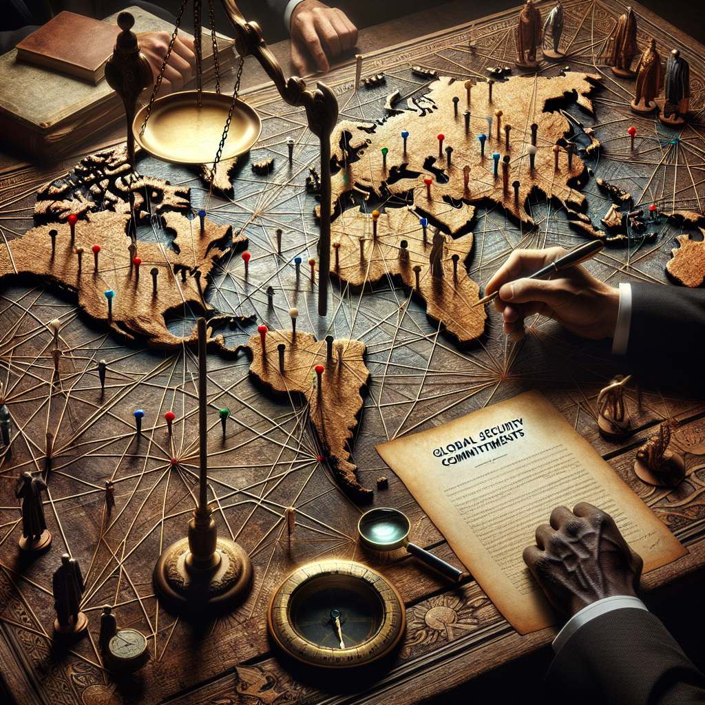 An intricate web of connections on a world map carved into a old wooden table. Various pushpins, denoted by different colors, mark strategic locations across the globe, each tied with a string to a hovering golden scale emblem. Next to the scale, there is a document titled 'Global Security Commitments'. A male South Asian hand holding a fountain pen is poised above it, ready to make annotations. An African female is intently studying the map, using a magnifying glass. Their serious expressions depict the weight of the decisions to be made.