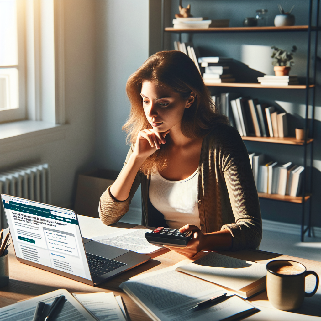 A neat and orderly desk in a quiet room, bathed in sunlight. A Caucasian woman in her 20s sits at the desk, intensely reading a laptop screen. She is visibly relieved and hopeful. On the screen is a webpage titled 'Student Loan Repayment Updates: Best Tips for Forgiveness Options'. Beside the laptop, there are several student loan repayment documents, a cup of coffee, and a calculator. Behind her are shelves stacked with textbooks. The mood is one of focused determination, tempered by a newfound sense of optimism.