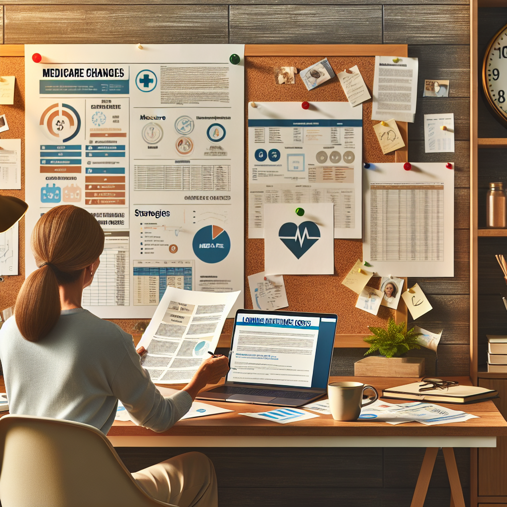A detailed scene in a comfortable and calm office setting. In the foreground, a middle-aged Caucasian woman is reviewing a large document titled 'Medicare Changes', with various charts and diagrams related to healthcare costs. There's an open laptop next to her showing a webpage titled 'Lowering Healthcare Costs: Strategies'. On a cork board in the background there are pinned notes related to Medicare, strategies for saving, and images of healthcare symbols. A clock on the wall shows it's the middle of the day. There's also a cup of coffee on the desk, symbolizing a moment of planning and strategizing.