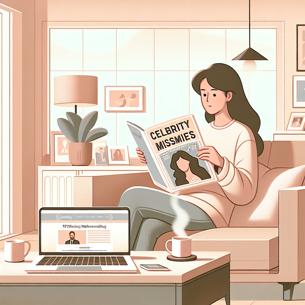 Illustrate an everyday scene of a woman sitting comfortably in her living room, engrossed in reading an entertainment magazine about celebrity milestones. The magazine should have a title 'Celebrity Milestones' but the celebrity photo on the cover is replaced with a generic silhouette. The room has a minimalist design, light pastel colors and is illuminated by a pleasant natural light from a nearby window. On a coffee table in front of her, there's a laptop showing a website with the same theme, and a cup of steaming hot coffee. Incorporate the sense of calmness indicative of 'without overwhelm'.