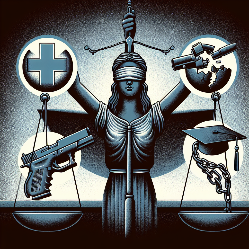Illustrate an abstract representation of a courtroom with the symbol of justice: a blindfolded lady holding a balance scale, adjacent to which are three symbolic elements depicting the topics of the article. To represent abortion, showcase a medical cross; for the gun laws, depict a broken firearm; and for student loans, illustrate a graduation cap shackled with a weighty ball and chain. All elements should be balanced and intertwined yet maintaining their distinct identity. Do not include any identifiable individual or groups in the image to maintain neutrality.