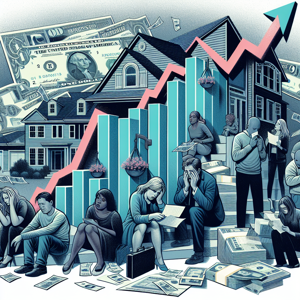 A detailed illustration representing the US housing market crisis due to rising mortgage rates. The image features a graph with an ascending line indicating the mortgage rates, alongside a depiction of residential houses with escalating price tags. There's a sense of panic with people of various descents and genders looking worried. Some are holding their heads in their hands, some look shocked browsing through housing catalogs, while others look despondent, sitting next to piles of bills. The overall color scheme is a blend of cool blues and grays to elicit the atmosphere of a financial crisis.