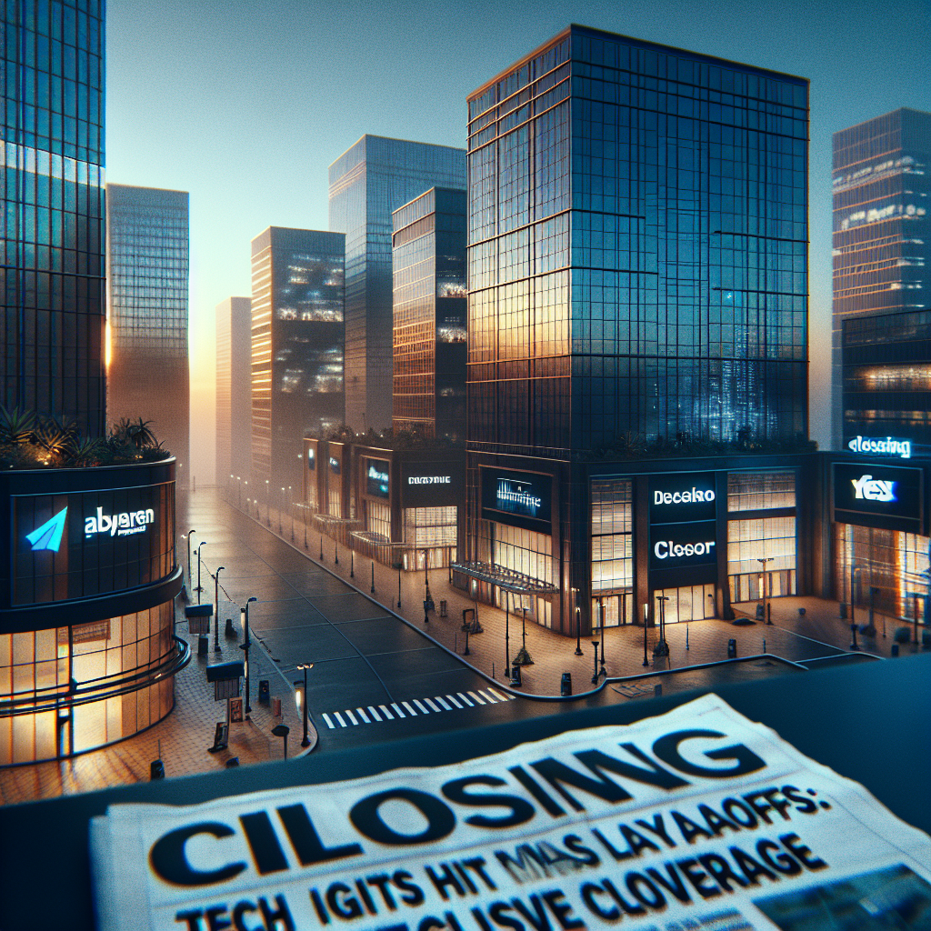 An image showcasing an array of large, deserted corporate offices with logos of fictional tech companies. Display a closing sign at the entrance doors symbolizing mass layoff. The atmosphere in the image should convey a sense of gloom and unease. Set it in an urban setting at dusk with the setting sun casting long shadows of the buildings. A newspaper headline on a discarded paper, visible in the foreground, states 'Tech Giants Hit by Mass Layoffs: Exclusive Coverage'.