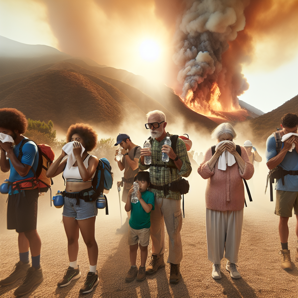 Picture a scene during an extreme heatwave which is associated with a wildfire emergency. In the foreground, a diverse group of people are gathered, possibly a Black woman wearing hiking gears, a Hispanic man, an elderly Asian woman and a Middle-Eastern child. They are all following emergency protocols such as covering their mouths with wet cloths and wearing protective eyewear, while also maintaining hydration by drinking water. In the background, thick smoke rising implies a nearby wildfire. In the sky, dangling harsh sunlight makes the weather's severity clearer. This distressing but communal environment emphasizes the necessity of preparation during these emergencies.