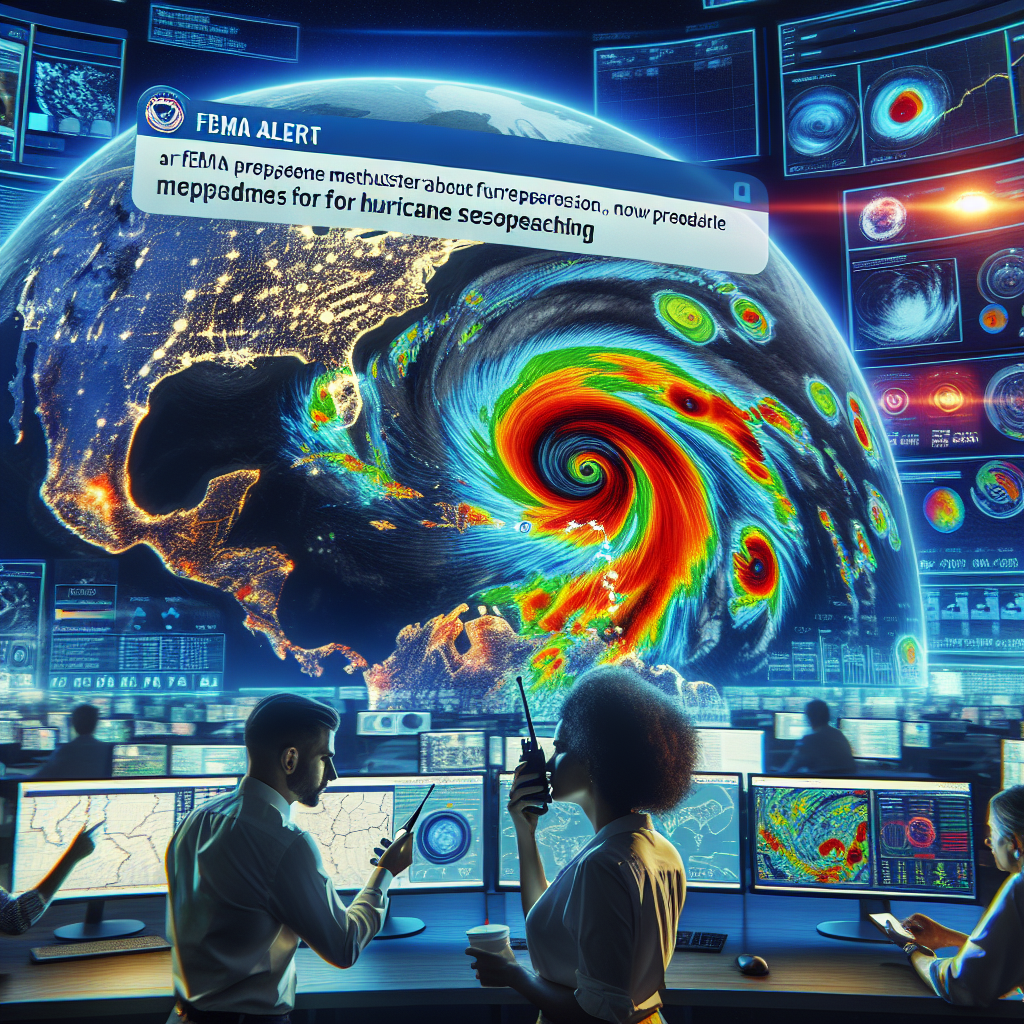 A large digital weather map glowing with vibrant colors that represent a dynamic hurricane system approaching. Text alert notifications from FEMA about preparedness measures for Hurricane Season appear overlaid on the map. In the foreground, a Caucasian woman wearing a professional suit, a Hispanic man holding a walkie-talkie, and a Middle-Eastern woman studying the forecast on her phone, all coordinating their response efforts. The setting is a fast-paced, information-packed, modern meteorology room with screens and graphs showcasing various weather elements.