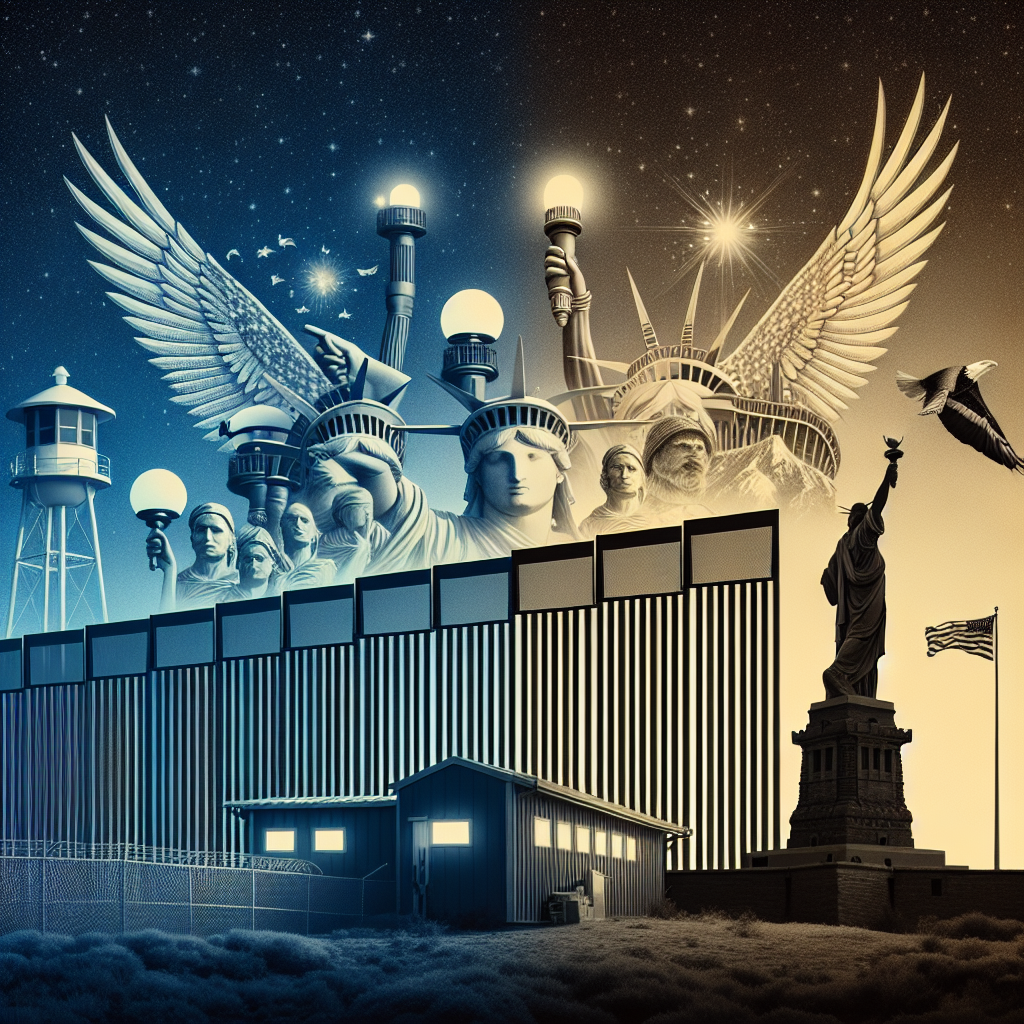 Visualize an image of a symbolic representation of US immigration policy changes. Show a border fence with updated security features like advanced surveillance cameras, guard towers, and lighting, set against the backdrop of dawn, signifying a new beginning. Do not include any people in the image. Blend this scene with iconic American symbols like the Statue of Liberty, an eagle soaring in the sky and a waving American flag. These symbols should represent freedom and change, creating a meaningful juxtaposition between the contrasting elements of border security and opportunities for immigrants.