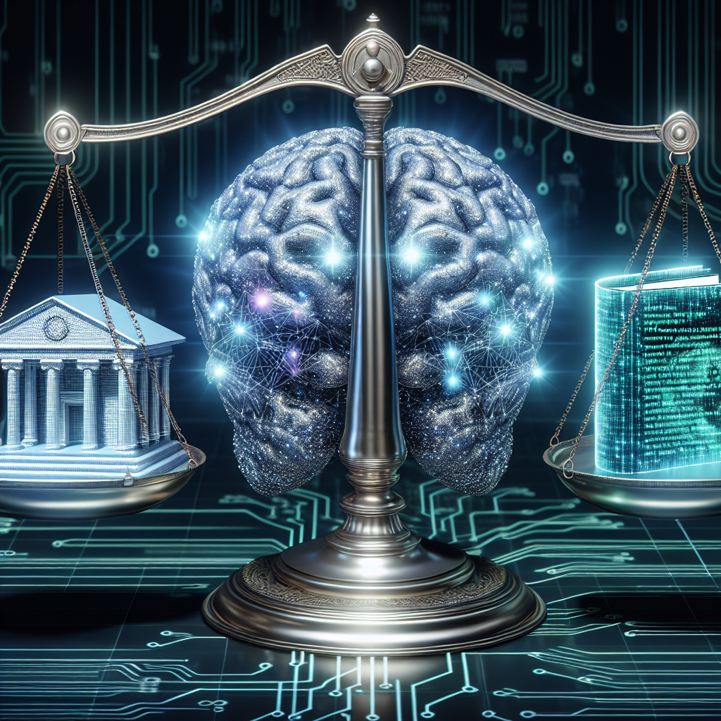 An image depicting a symbolic representation of artificial intelligence being regulated. Show a large metallic cybernetic brain representing artificial intelligence, with shining lights representing neural networks. A large set of scales of justice stands before the brain, symbolising regulation. On one side of the scale, place a small house made of code implying 'White House policies', and on the other side, place a sizable holographic book titled 'AI Policy Insights'. The background could be an abstract technology-inspired setting, just to reiterate the theme.