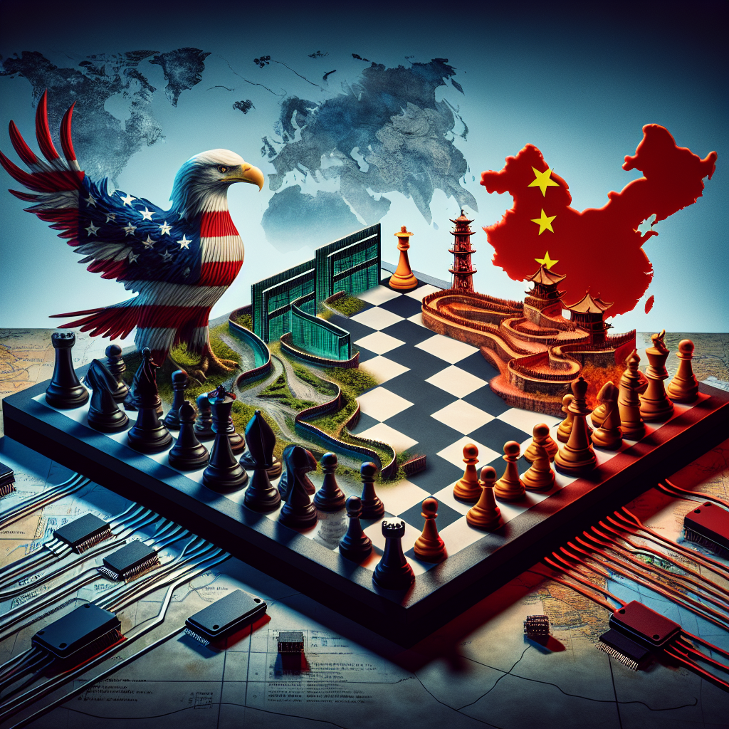 A metaphorical representation of an intense chess game, with chess pieces symbolizing escalating technology tensions. On one side of the chess board is a symbol representing the United States - a bald eagle, the national bird, colored in red, white, and blue. On the other side is a symbol representing China - the Great Wall meandering across mountains. Inserted strategically on the chessboard are computer chips, network cables, and smartphone devices, indicating the stakes of technology in this metaphorical game. The background fades to a world map emphasizing these two nations.