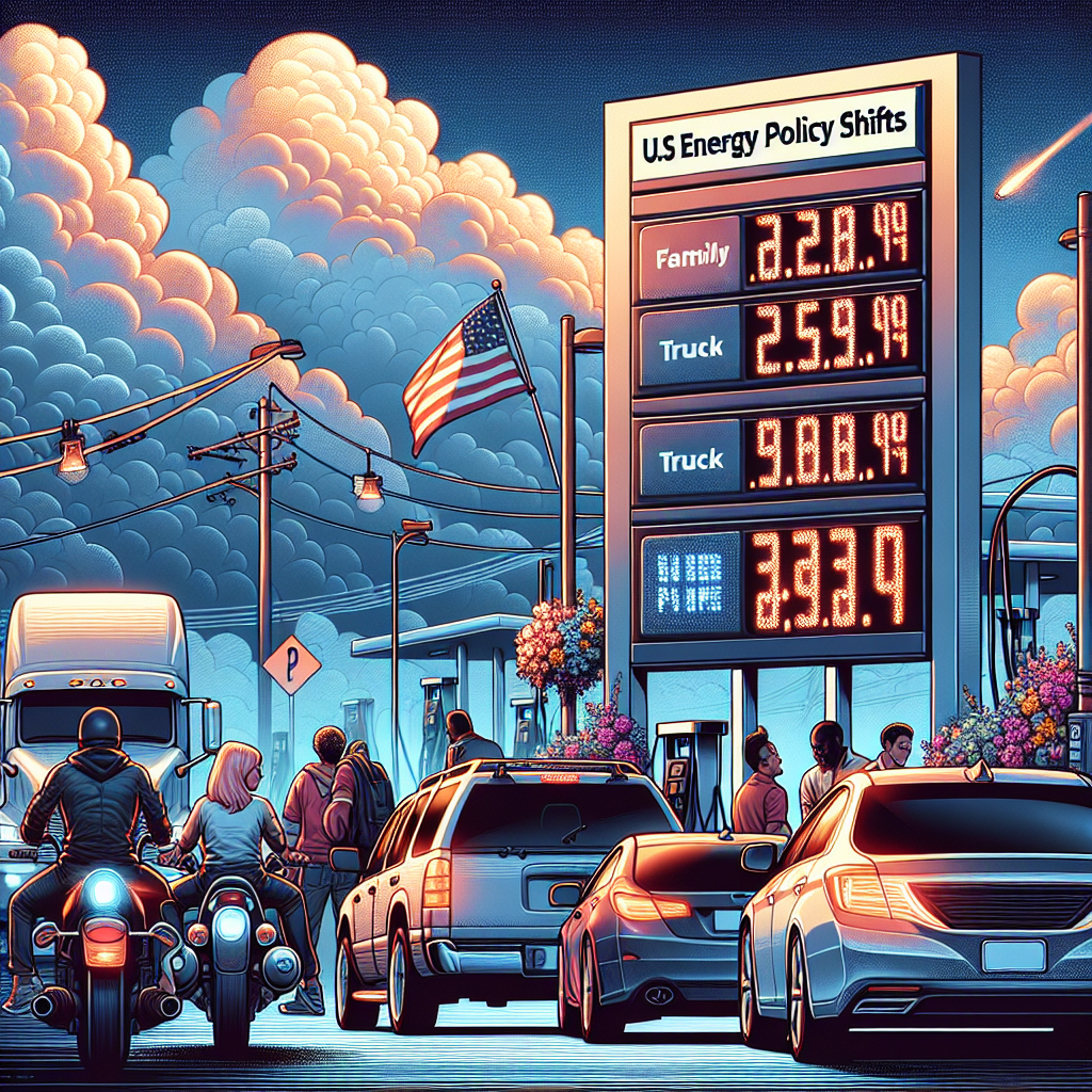A detailed scene at a gas station where bright, electronic price displays show a significant increase in gas prices. Include a billboard with the headline 'US Energy Policy Shifts: Must-Know Insights' against a moving cloudscape. The scene is dynamic with various vehicles, including a family car, a truck, and a motorcycle waiting in line. The drivers of the vehicles representing different genders and descents such as a Caucasian woman, a Black man, and a South Asian individual looking worried or discussing the gas prices amongst themselves.