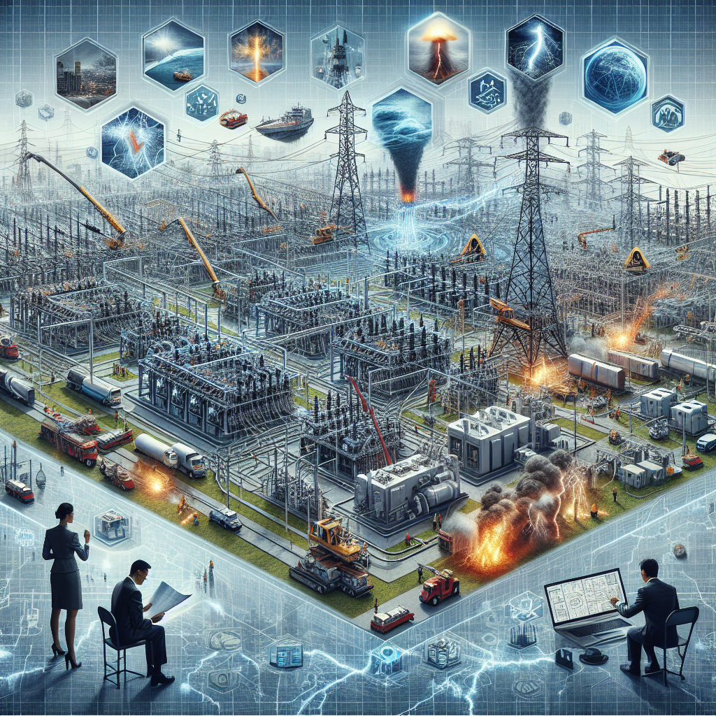 A detailed, realistic illustration showing a massive nationwide power grid, with electricity surging through countless cables and transformer stations. Highlight the interconnected nature of the network, demonstrating vital nodes and bottlenecks that are potential risk points. Surrounding the energy infrastructure, depict various natural disasters like earthquakes, severe storms, and wildfires, as well as cyber attack symbols showing the multitudes of dangers threatening the grid. Include a set of individuals in various roles (i.e., an Asian female engineer examining blueprints, a Black male technician repairing a tower, and a Hispanic female scientist analyzing data), representing the essential workforce tirelessly working on blackout prevention.
