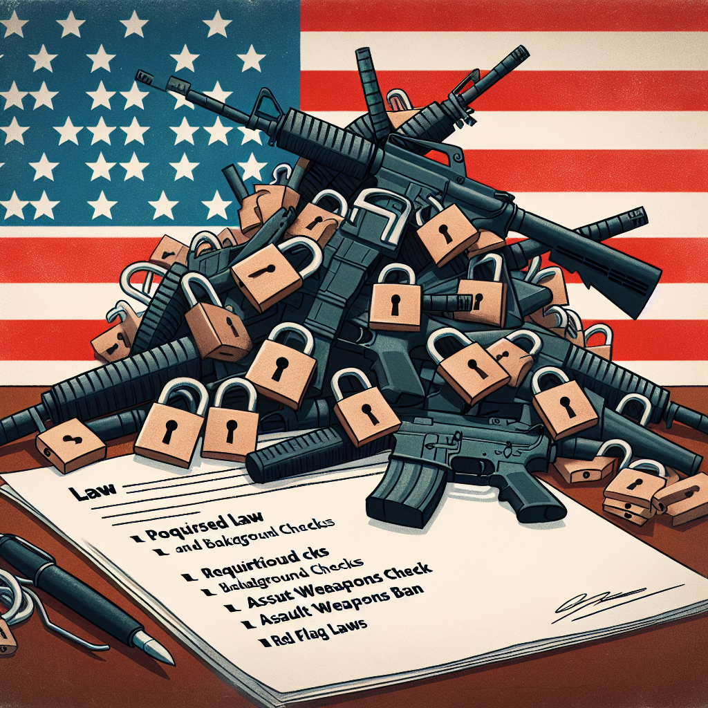 Illustration depicting a symbolic representation of gun control legislation. Show a pile of weapons with locks on them, sitting on the paper of a law bill. Each lock could represent a proposed law - for example, required background checks, assault weapons ban, red flag laws - aimed at reducing gun violence. The background should be an American flag, reflecting the national nature of this issue. Please exclude depiction of specific politicians or any elements that could reveal their identities. Instead, focus on abstract representations of legislative measures and their effects.