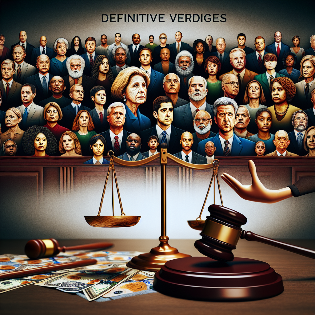 A composite image representing the concept of high-profile criminal trials in the United States without referring to specific individuals. On the left, depict a courtroom scene showing a diverse group of jurors from various descents such including Caucasian, Hispanic, Black, Middle-Eastern and South Asian, a judge and layers of defense and prosecution. On the right, depict a set of gold scales symbolizing the balance of justice and a gavel. Overlay the image with text saying 'Definitive Verdicts' in bold typography.