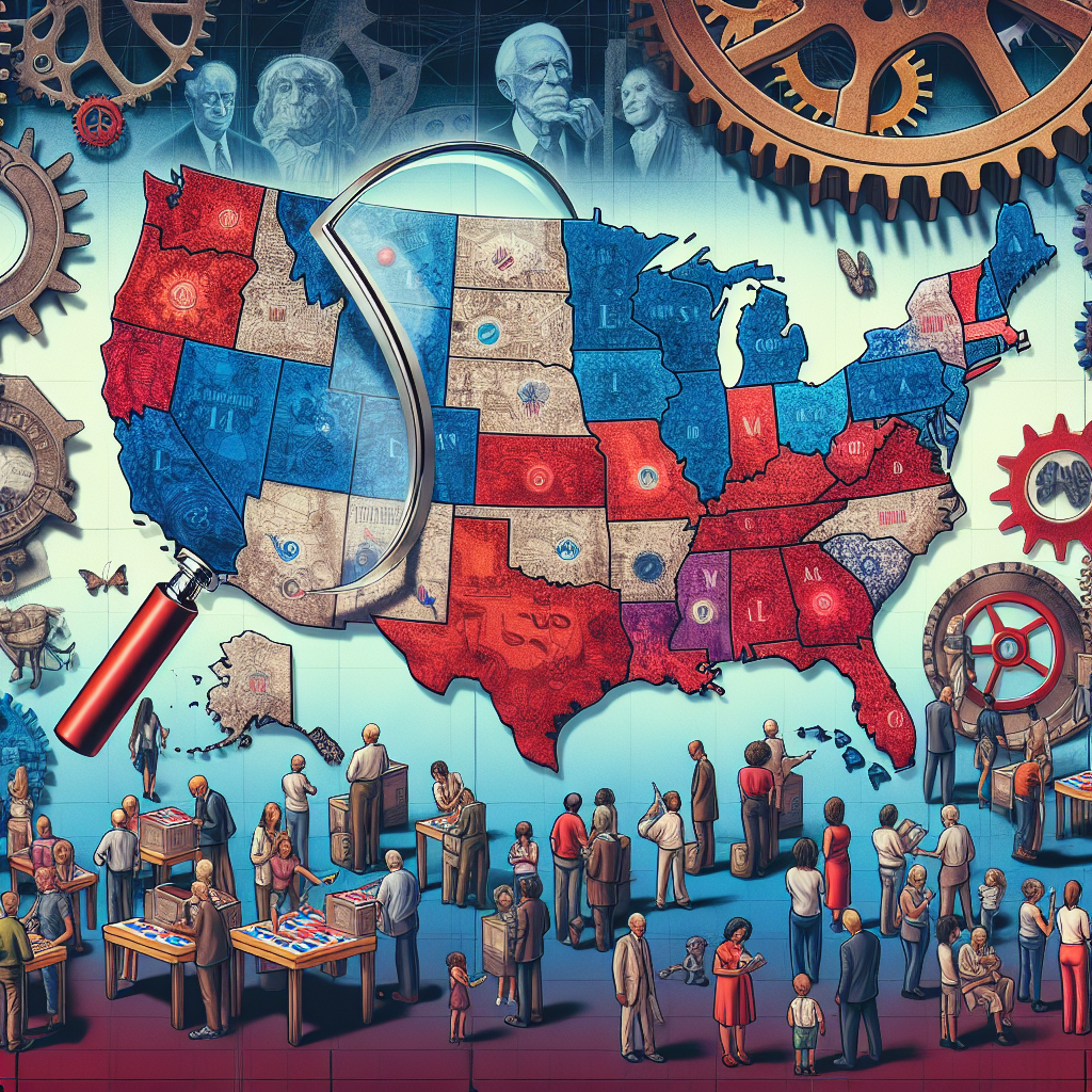 Imagine a visual representation of the changes in US voting laws. At the center, there's an expansive, detailed map of the United States with each state color-coded based on their recent law changes. Variations of blue and red show the adjustments in voting regulations. In the background, an image of gears and cogs, symbolizing the workings of democracy, adds depth. A magnifying glass hovers over a controversial state, bringing attention to its specific changes. Surrounding the map, a diverse group of American citizens of different races and genders are depicted engaging in various stages of the voting process.