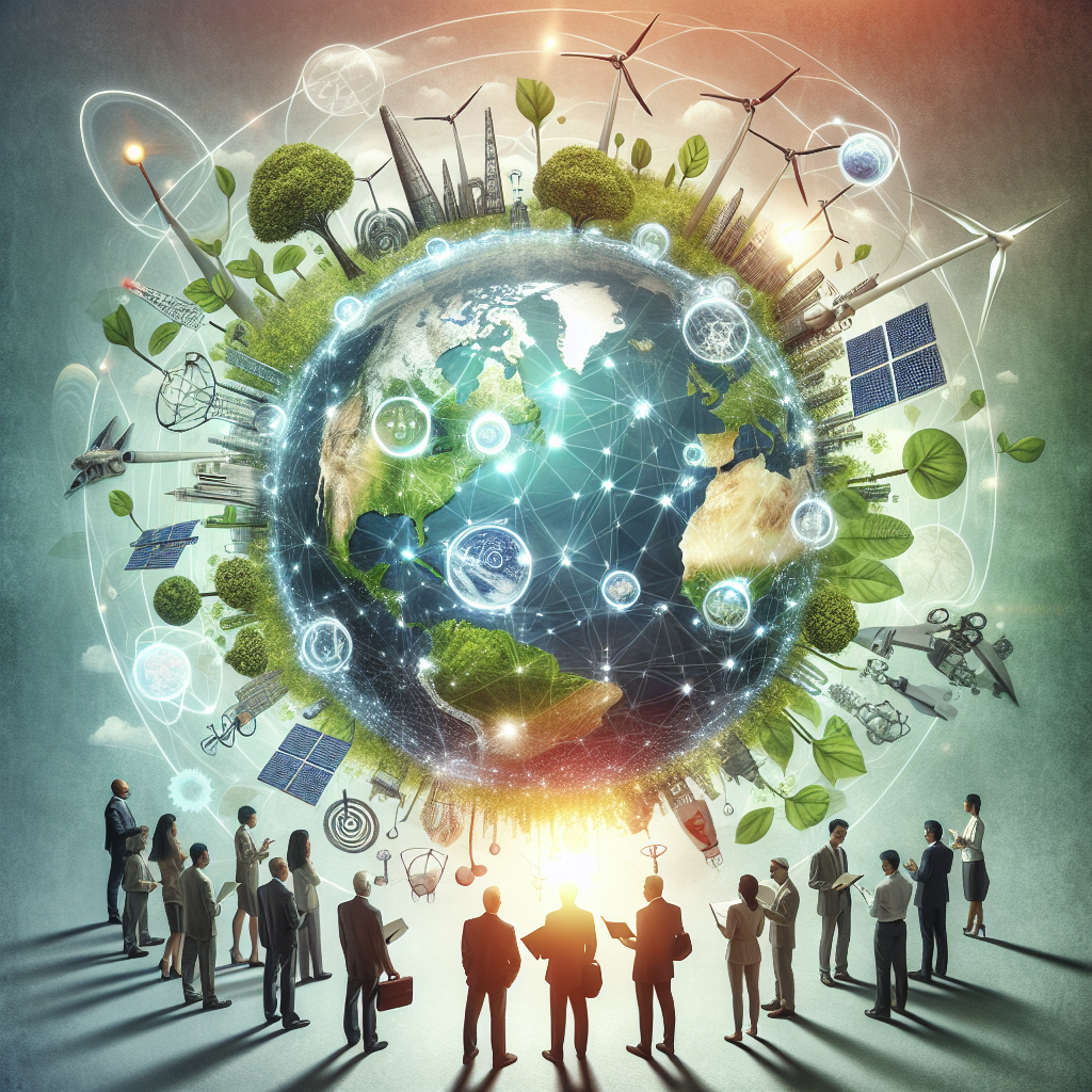 An abstract representation of clean energy investments as a key solution to climate change. In the center, a diverse group of people, including a Middle-Eastern male investor, South Asian female legislator, and Caucasian male scientist, are all gathered around a large, glowing globe depicting a healthy, green Earth teeming with life. They are observing various symbols of clean energy sources, such as solar panels, wind turbines, hydroelectric dams, and electric cars, which are orbiting the globe like satellites. In the background, a subtle, stylized image of a document representing legislation.