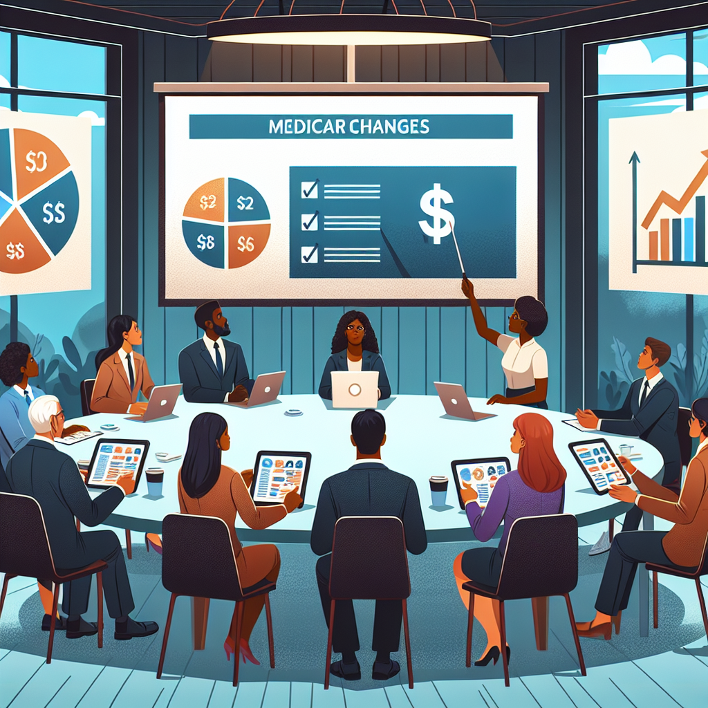 An illustration of diverse group of people listening attentively at a seminar about Medicare changes. They are seated around a roundtable, in front of them are digital tablets showing pie-charts and graphs related to healthcare costs. The speaker, an African American woman, confidently explains the strategies on ways to cut healthcare costs. She points to a large screen showcasing a slashed dollar sign to represent reduced expenses. The room is filled with books, posters, and diagrams concerning healthcare and finance. The atmosphere is serious, focused, and hopeful for better strategies and lower costs.