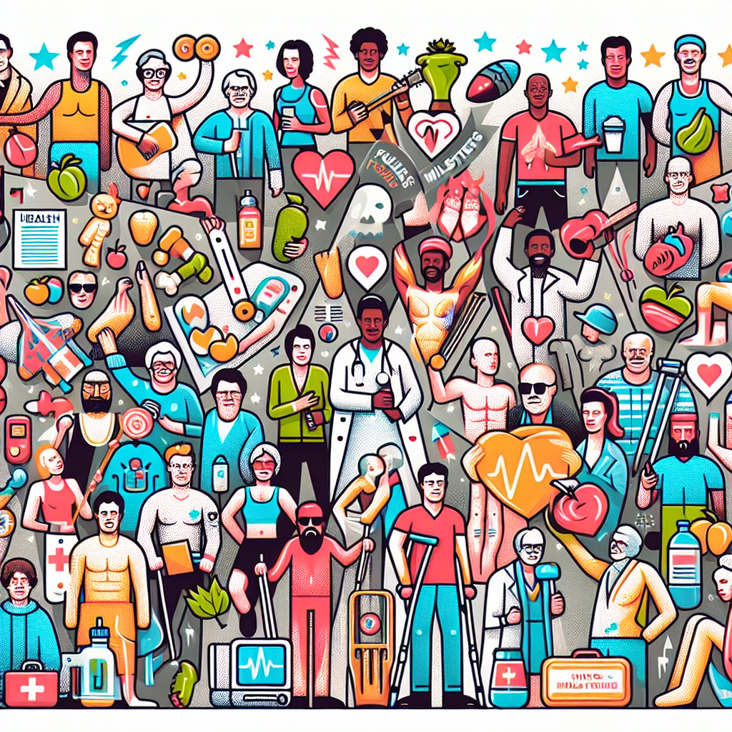 An illustration of an array of people with different gender and ethnic descent, representing athletes, movie actors, singers, and writers. They are divided into two groups. One side is filled with joy and celebration, presenting symbols of health and vitality such as fruits, vegetables, gym weights, and hydration bottles. The other side depicts concern and support, with items like heating pads, crutches, heart symbols, and medicine bottles. On top, there's an overlay of a stylized title that reads: 'Famous Figures Milestones: Peaks and Valleys of Health.' Please maintain the anonymity of the individuals depicted.