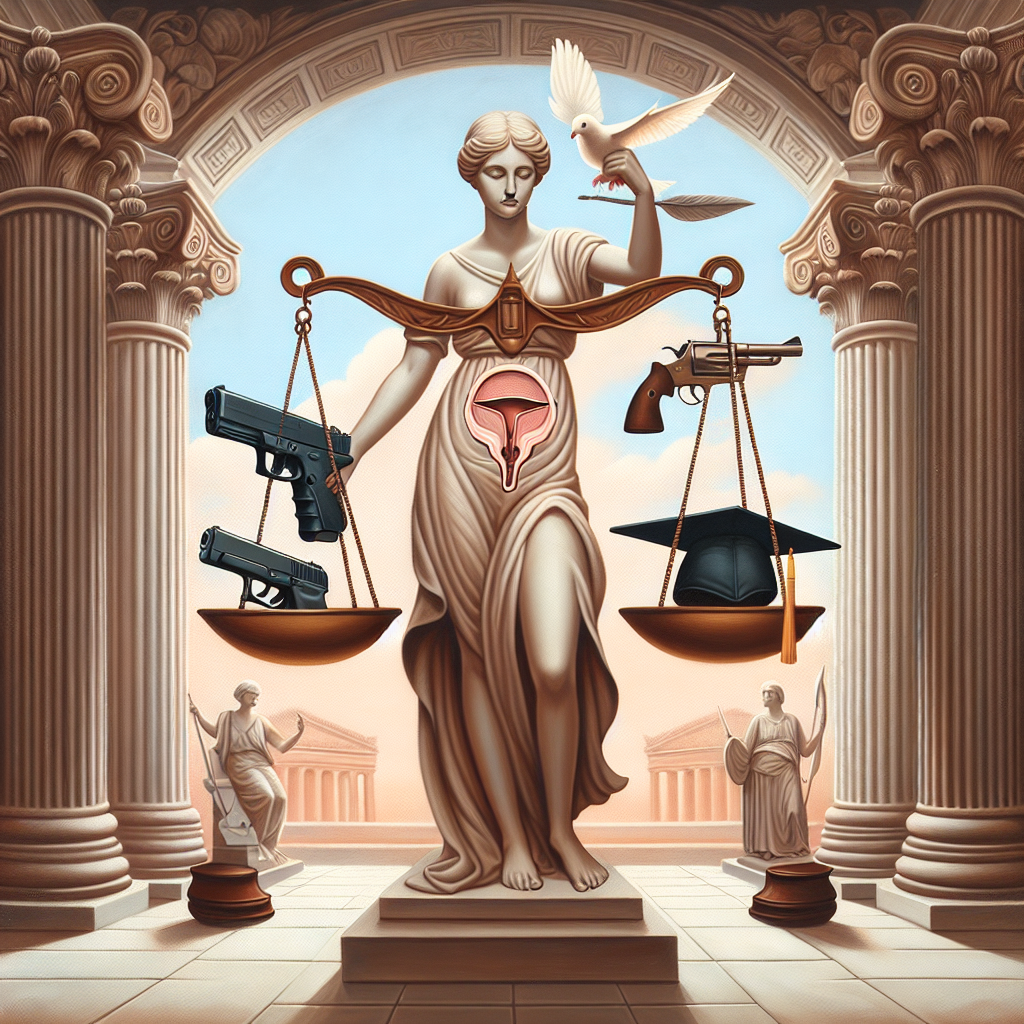 A symbolic representation inspired by classical allegorical embellishments. Picture a scale delicately balanced with three items -- a symbolic representation of a female reproductive system reflecting abortion rights, a handgun symbolizing gun laws, and a graduation cap indicating student loans. The setting should be a grand, marble-columned courthouse akin to ancient Greek architecture to denote the idea of supreme authority. A serene dove overhead symbolizes hope amidst these contested issues. Keep the style non-realistic, leaning towards romanticism, with subtle colors like pastels to maintain a harmonious look. Use oil on canvas medium.