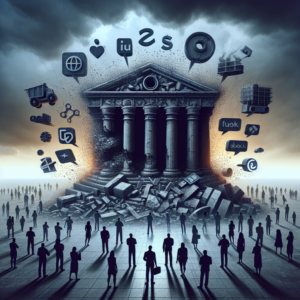 A symbolic representation of the recent tech layoffs in the US. Visualize a crumbling tech icon or monument, representing the tech industry, and scatter symbolic representations of its components (search engine, social media, ecommerce, electric vehicles) around it. Exclude identifiable logos or company names but do convey the industry they belong. Include a diverse group of employees in the foreground, showing a mix of emotions from shock to determination. The ambiance should illustrate a sense of gloominess yet a glimmer of hope for recovery.