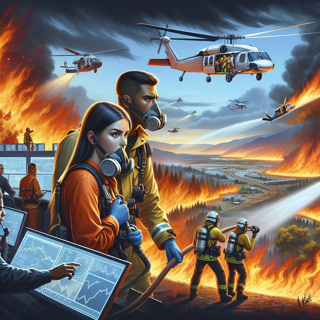 An intense scene depicting a team of trained professionals responding to a wildfire emergency during an extreme heatwave. Display a Middle-Eastern man and a White woman, both wearing protective gear, working together to put out a wildfire that is spreading quickly due to the heatwave. In the sky, a team of diverse, gender-balanced pilots in helicopters are dropping water onto the fire. In the background, display a South Asian woman and a Black man at a disaster control center, monitoring the wildfire situation and coordinating rescue efforts. Add a banner at the bottom with text detailing the best strategies to cope with extreme heatwaves.