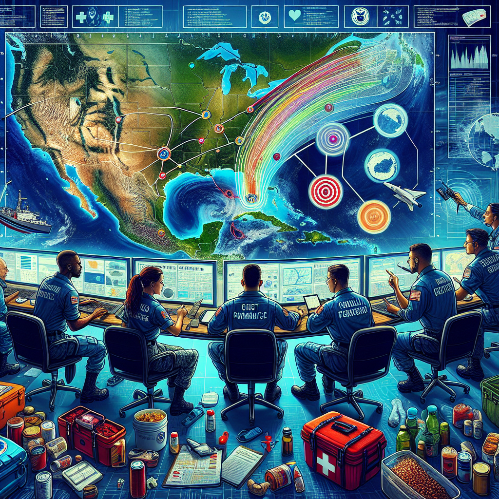 A vivid depiction of a hurricane forecast map, positioned in a central command consisting of communication devices, emergency kit items like first aid kit, canned foods, bottled water, and flashlights. A team of uniform-clad professionals, consisting of a Hispanic woman acting as the meteorologist, a Middle-Eastern man focusing on logistics, and a South Asian woman coordinating rescue efforts, are actively discussing the situation. They're surrounded by information charts and graphs, reflecting the severity of the upcoming hurricane season. This image embodies the intensity of FEMA's emergency preparedness.