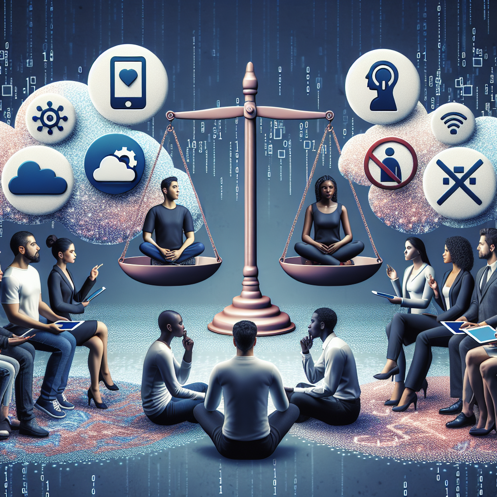 A conceptual image showing two groups of people engaged in a thoughtful debate. On the left, there are a group of individuals, a Hispanic woman, a South Asian man, and a Black woman. Each holds symbols representing a digital platform, such as an app icon, smartphone indicating a high-tech discussion context. On the right, there are another group of individuals, a Middle-Eastern woman, a Caucasian man, and a White man, indicating restriction or prohibition symbols like a stop sign or a crossed-out symbol. In the middle, there is a large balance scale, indicating weighing of arguments. The background is abstract with binary code symbols representing the digital atmosphere.