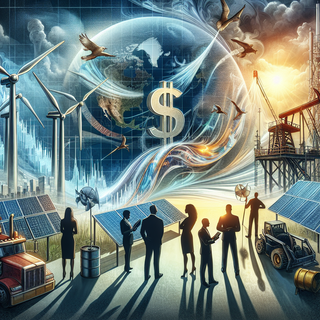 A dynamic and detailed scene representing the current state of the US energy policy and its effects on the market. On the left, illustrate a graph showing a dramatic drop in gas prices, marked with the American currency symbol. On the right, present an abstract interpretation of various energy sources - wind turbines, solar panels, and an oil rig in the background. Portray a diverse group of people, including a Caucasian male energy specialist, a Black female economist, and a Hispanic male consumer, observing and discussing these elements. The tone should be serious, reflective of the weighty topic.