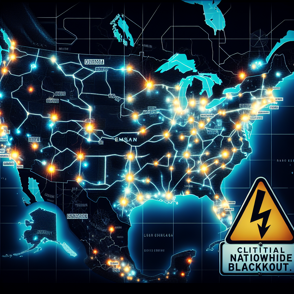 A crisp and ominous illustration of a power grid map of a nation, showing all the major cities and their associated electrical infrastructures. It's night time and all the cities are brightly lit. Suddenly, there is a chain reaction across the map, and the lights in each city start going out one-by-one until only darkness remains, signifying total blackout. Beside the map, there is a large warning sign depicting a lightning bolt symbol and the words 'Critical Nationwide Blackout Warning.'