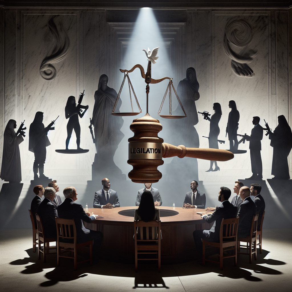 A symbolic representation of the concept of gun control legislation, featuring a wooden gavel labeled 'legislation' striking down on a firearm in the middle of a round table. Surrounding the table are shadowy figures of six diverse lawmakers of different genders and descents (Caucasian woman, Black man, Hispanic man, Middle-Eastern woman, South Asian man, and East Asian woman) engaged in a lively debate. Above them, an ethereal balance scale with 'safety' on one side and 'rights' on the other. The backdrop is a marble building suggestive of a governmental institution. The atmosphere is hushed and solemn, illuminated with soft, dramatic light.