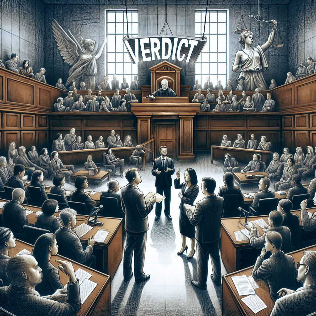 Imagine a symbolic representation of a busy courtroom during a high-stakes trial. In the center, a looming mahogany judge's bench is present. Filled with lawyers, a Caucasian male defense attorney passionately discusses legal points, while an Asian female prosecutor delivers a well-reasoned argument. The jury box is populated with a diverse group of individuals, engaged in active listening and thoughtful contemplation; a Middle-Eastern male juror is in focus. The room is filled with a sense of anticipation and tension. Above them, a translucent word 'VERDICT' hangs significantly in the air, symbolizing the crucial decision to be made.