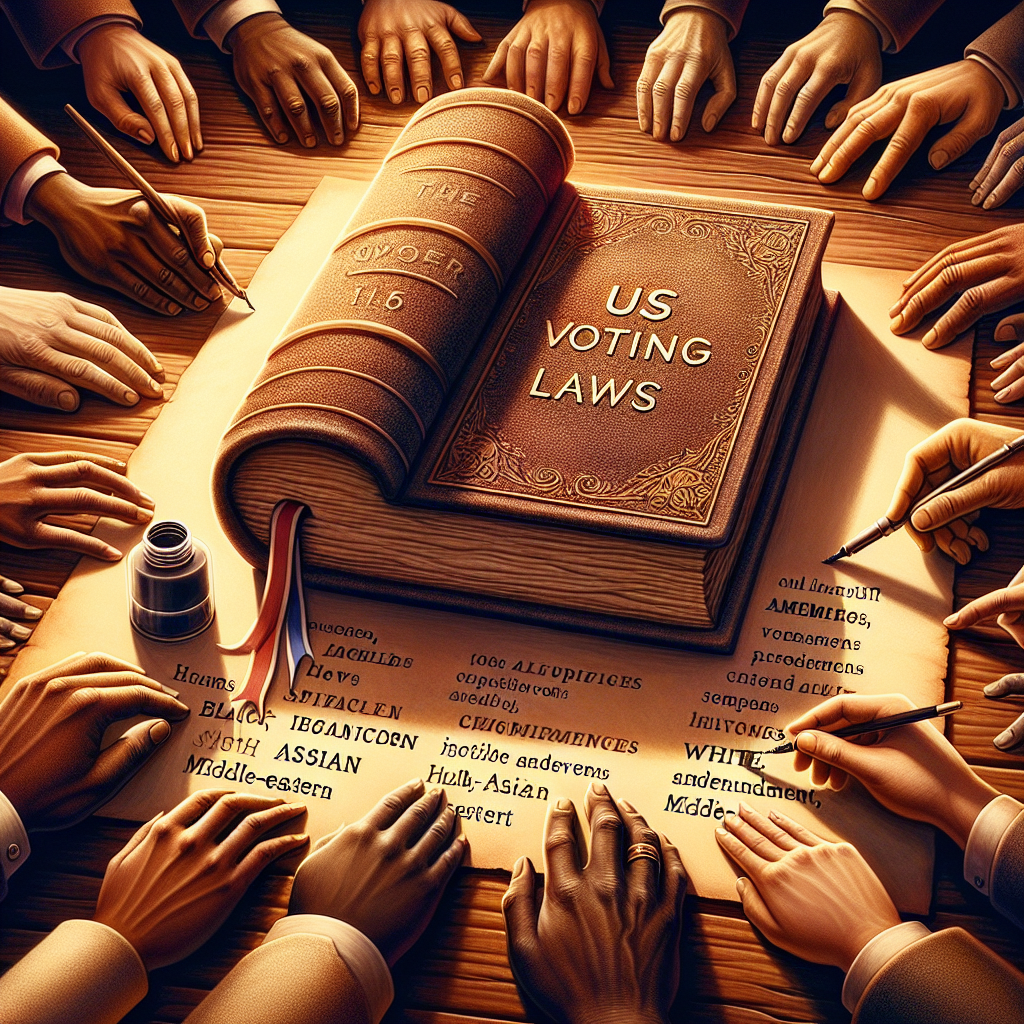 An illustration depicting the concept of change in US voting laws. Imagine a scene where a large, weathered tome represents the current laws, lying open on a oak wood table. Nearby, a quill dipped in an inkwell symbolizes amendments. Show diverse hands of multiple descents such as Black, South Asian, Hispanic, White, Middle-Eastern, reaching over and scribbling changes onto the book. Use soft, warm lighting to indicate hope and progress. Remember, do not include any specific politicians or identifiable public figures.
