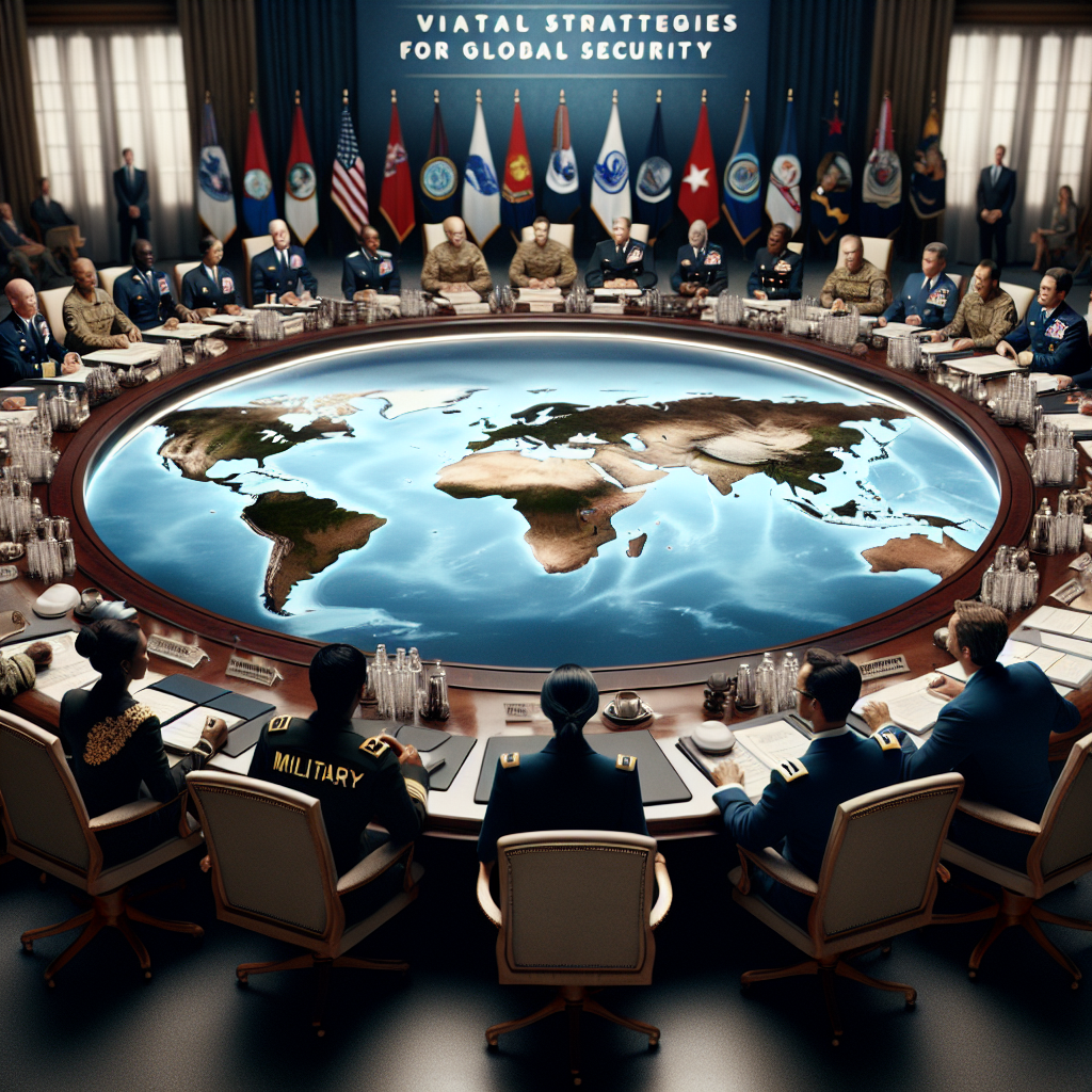 Imagine a grand round table with world map engraved on the surface, surrounded by diverse group of people engaged in lively discussions. One side of them are uniformed military personnel from different branches of the US military – an Asian female Army Major, a Black male Navy Admiral, a Caucasian male Air Force Colonel, and a Hispanic female Marine Corps General. Opposite them are civilian strategists and analysts including a Middle-Eastern male economic advisor, a South Asian female political scientist, and a White female human rights advocate. Between them, negotiation papers and dossiers are spread across the table, signifying military aid decisions. A banner hanging above them says 'Vital Strategies for Global Security'.
